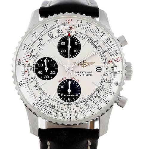 The image shows a front view of a Breitling Navitimer A13330 Men's Silver Dial A13330 Men's Silver Dial watch, displaying the dial, bezel, sub-dials, and part of the leather strap.