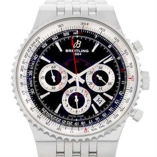 The image shows a front view of the Breitling Navitimer A23351 Men's Stainless Steel Black Dial A23351 Men's Stainless Steel Black Dial watch, highlighting its dial, bezel, and bracelet.