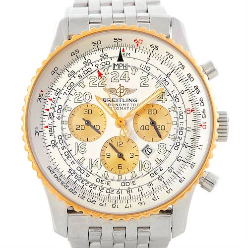 The image shows a front view of a Breitling Navitimer D22322 Men's Stainless Steel Silver Dial D22322 Men's Stainless Steel Silver Dial watch displaying its dial, gold bezel, and silver bracelet.