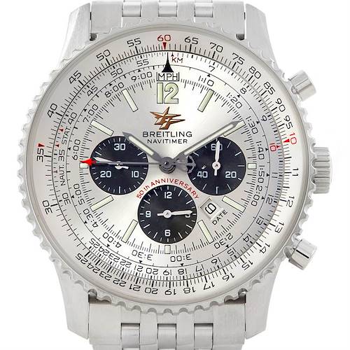 The image shows a front view of a Breitling Navitimer A41322 Men's Stainless Steel Silver Dial A41322 Men's Stainless Steel Silver Dial watch, including its dial, chronograph subdials, and bezel.