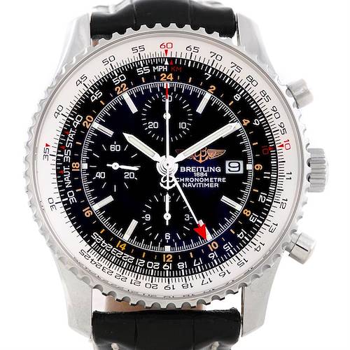 The image shows a front view of the Breitling Navitimer A24322 Men's Stainless Steel Black Dial A24322 Men's Stainless Steel Black Dial watch, highlighting its dial, subdials, bezel, and strap.
