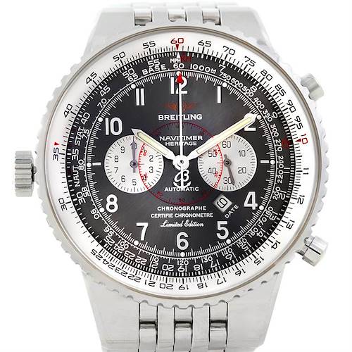 This image shows a front view of a Breitling Navitimer A35360 Men's Stainless Steel Grey Dial A35360 Men's Stainless Steel Grey Dial watch, highlighting the dial, bezel, and metal bracelet.