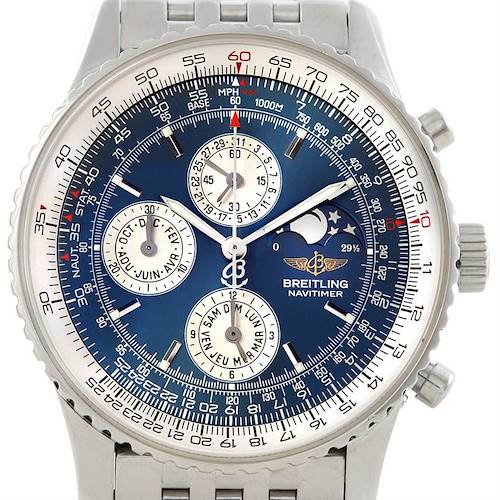 The image shows a front view of the Breitling Navitimer A19340 Men's Stainless Steel Blue Dial A19340 Men's Stainless Steel Blue Dial watch, highlighting its dial, subdials, bezel, and part of the bracelet.