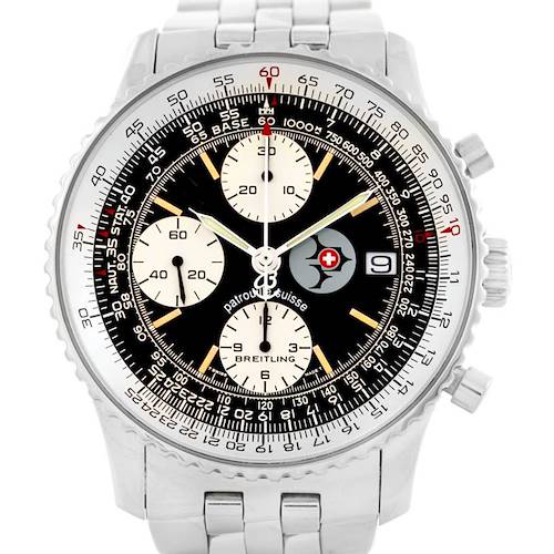 The image shows a front view of a Breitling Navitimer A13022 Men's Stainless Steel Black Dial A13022 Men's Stainless Steel Black Dial wristwatch, detailing the dial, subdials, and bezel.