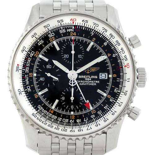 This image shows a frontal view of a Breitling Navitimer A24322 Men's Stainless Steel Black Dial A24322 Men's Stainless Steel Black Dial watch with visible chronograph dials and a stainless steel bracelet.