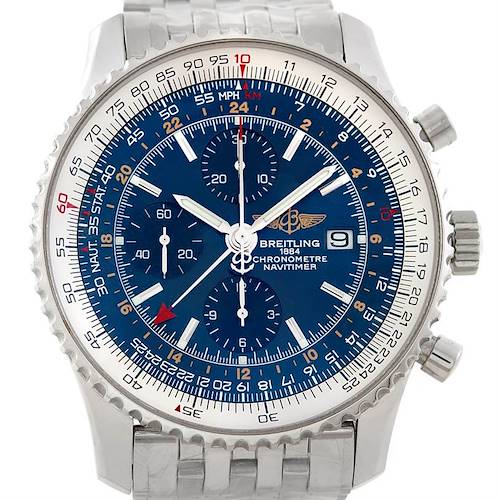 This image shows a front view of the Breitling Navitimer A24322 Men's Stainless Steel Blue Dial A24322 Men's Stainless Steel Blue Dial watch, highlighting its dial, bezel, chronographs, and bracelet.