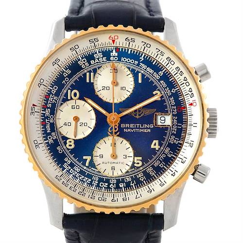 The image shows a frontal view of the Breitling Navitimer D13022 Men's Stainless Steel Blue Dial D13022 Men's Stainless Steel Blue Dial watch, displaying its detailed dial, bezel, and leather strap.