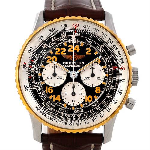 The image shows a front view of a Breitling Navitimer 81600 Men's Stainless Steel Black Dial 81600 Men's Stainless Steel Black Dial with a brown leather strap and three sub-dials.