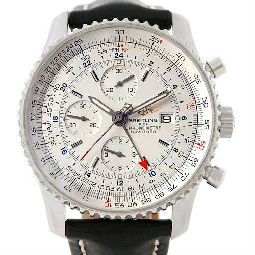 This Breitling Navitimer A24322 Men's Stainless Steel Silver Dial A24322 Men's Stainless Steel Silver Dial watch is shown from a front angle, displaying the dial, bezel, chronograph subdials, and date window.
