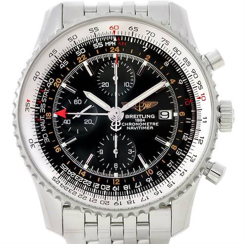 This image shows a close-up front view of the Breitling Navitimer A24322 Men's Stainless Steel Black Dial A24322 Men's Stainless Steel Black Dial watch, highlighting its dial, bezel, and bracelet.