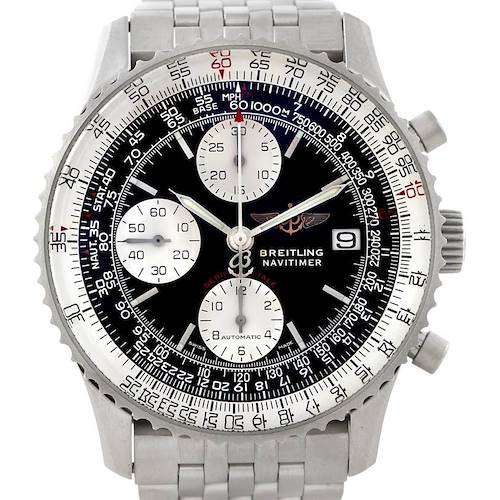 The image shows the dial and bezel of the Breitling Navitimer A13330 Men's Stainless Steel Black Dial A13330 Men's Stainless Steel Black Dial watch, including its chronograph subdials and steel bracelet from a front angle.