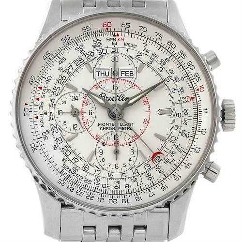This image shows a front angle of a Breitling Navitimer A21330 Men's Stainless Steel Silver Dial A21330 Men's Stainless Steel Silver Dial watch, displaying its dial, bezel, subdials, and bracelet.
