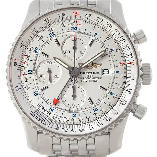 The image shows a front view of the Breitling Navitimer A24322 Men's Stainless Steel White Dial A24322 Men's Stainless Steel White Dial watch, highlighting the dial, subdials, bezel, and bracelet.