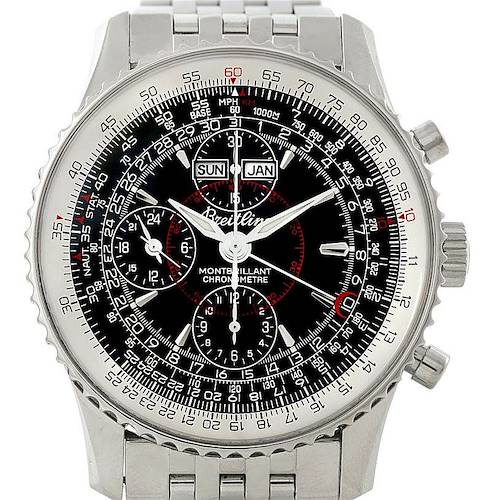 The image shows a Breitling Navitimer A21330 Men's Stainless Steel Black Dial A21330 Men's Stainless Steel Black Dial Montbrillant Chronometre watch viewed from the front, displaying its detailed dial and metal bracelet.