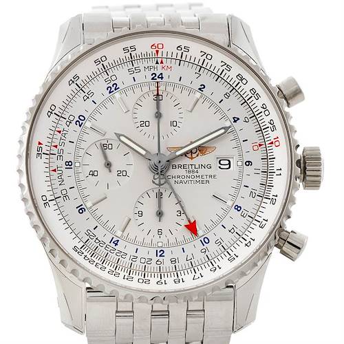 The image shows a front view of the Breitling Navitimer A24322 Men's Stainless Steel White Dial A24322 Men's Stainless Steel White Dial watch, displaying its dial, bezel, chronograph sub-dials, and bracelet.