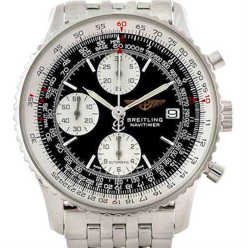 The image shows a front view of the Breitling Navitimer A13022 Men's Stainless Steel Black Dial A13022 Men's Stainless Steel Black Dial watch, displaying its dial, bezel, and part of the bracelet.