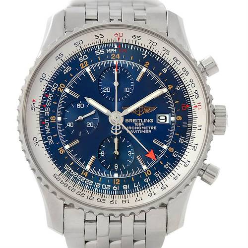 The image shows a front view of a Breitling Navitimer A24322 Men's Stainless Steel Blue Dial A24322 Men's Stainless Steel Blue Dial watch with a blue dial, metal bracelet, and multiple subdials.