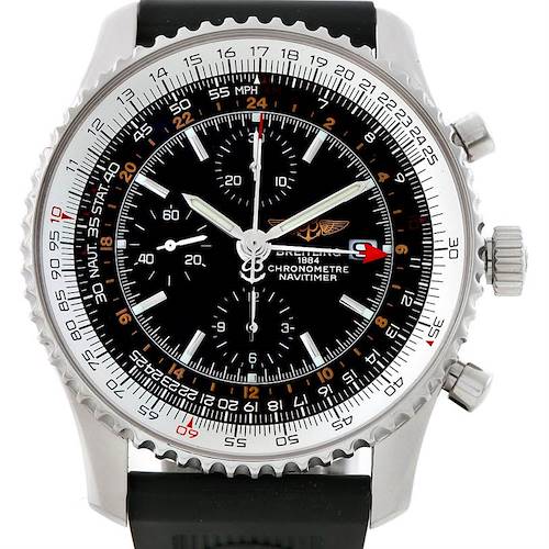 The image showcases the front view of a Breitling Navitimer A24322 Men's Stainless Steel Black Dial A24322 Men's Stainless Steel Black Dial watch, displaying its dial, bezel, markers, and chronograph features.