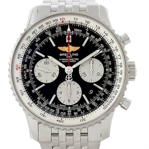This image shows a Breitling Navitimer A13022 Men's Stainless Steel Black Dial A13022 Men's Stainless Steel Black Dial watch from a front angle, highlighting its dial, subdials, bezel, and bracelet.