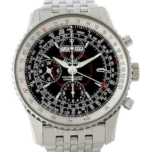 This image shows a front view of the Breitling Navitimer A21330 Men's Stainless Steel Black Dial A21330 Men's Stainless Steel Black Dial watch, displaying its face, bezel, and part of the bracelet.
