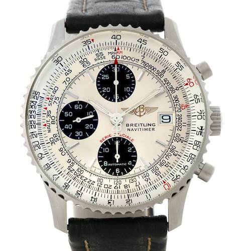 The image shows a frontal view of a Breitling Navitimer A13330 Men's Stainless Steel Silver Dial A13330 Men's Stainless Steel Silver Dial watch displaying the dial, bezel, subdials, crown, and leather strap.