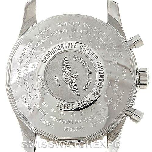 This image shows the back view of a Breitling Navitimer A24322 Men's Stainless Steel Black Dial A24322 Men's Stainless Steel Black Dial watch, highlighting its engraved details and side buttons.