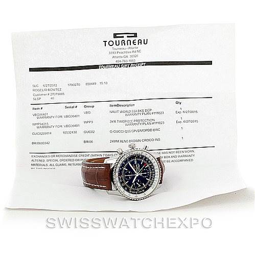 The image shows a Breitling Navitimer A24322 Men's Stainless Steel Black Dial A24322 Men's Stainless Steel Black Dial watch at an oblique angle, placed on top of a receipt with a visible brown leather strap.