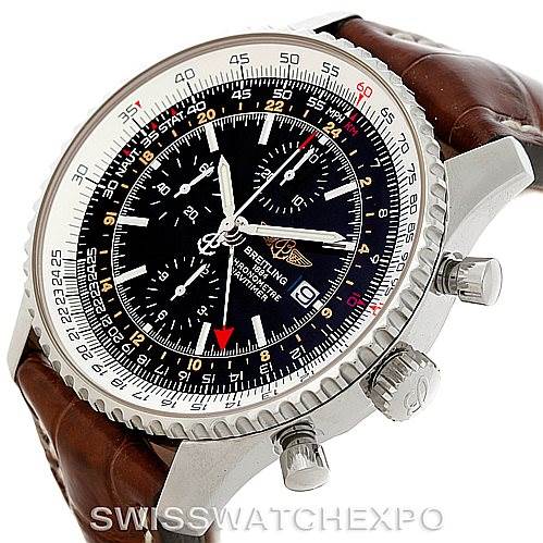 This image shows a Breitling Navitimer A24322 Men's Stainless Steel Black Dial A24322 Men's Stainless Steel Black Dial watch at a 3/4 angle, showcasing the dial, bezel, crown, pushers, and brown leather strap.