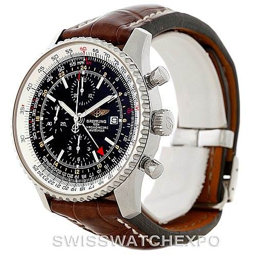 This image shows a Breitling Navitimer A24322 Men's Stainless Steel Black Dial A24322 Men's Stainless Steel Black Dial watch at an angled side view, highlighting the face, bezel, crown, and chronograph pushers with a brown leather strap.