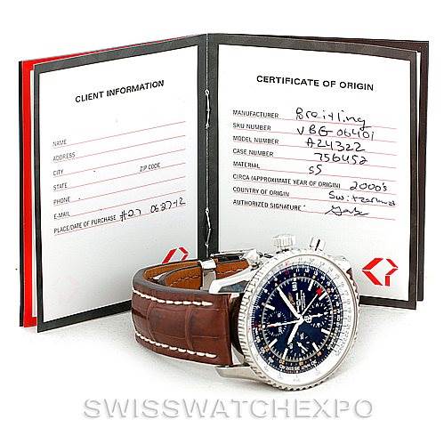 The image shows a Breitling Navitimer A24322 Men's Stainless Steel Black Dial A24322 Men's Stainless Steel Black Dial watch at an oblique angle, with its certificate of origin and client information booklet in the background.