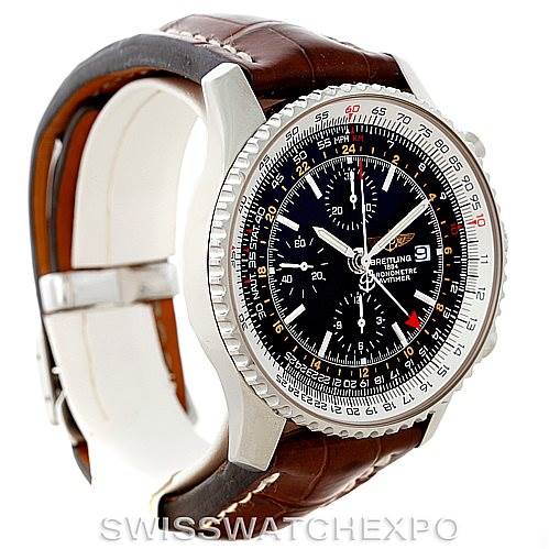 The image shows a Breitling Navitimer A24322 Men's Stainless Steel Black Dial A24322 Men's Stainless Steel Black Dial watch at a slight angle, highlighting its bezel, dial, and brown leather strap.