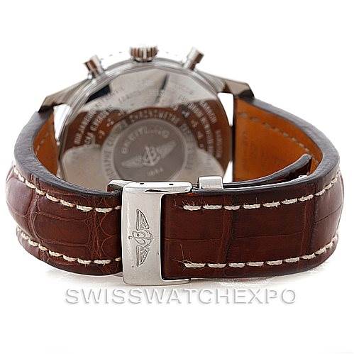 The image shows the back view of a Breitling Navitimer A24322 Men's Stainless Steel Black Dial A24322 Men's Stainless Steel Black Dial watch, highlighting the case back and brown leather strap with a clasp.