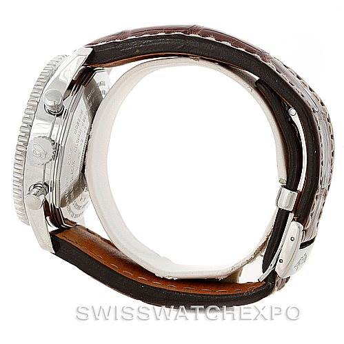 The image shows a side view of a Breitling Navitimer A24322 Men's Stainless Steel Black Dial A24322 Men's Stainless Steel Black Dial watch, focusing on the case, crown, and leather strap with buckle.