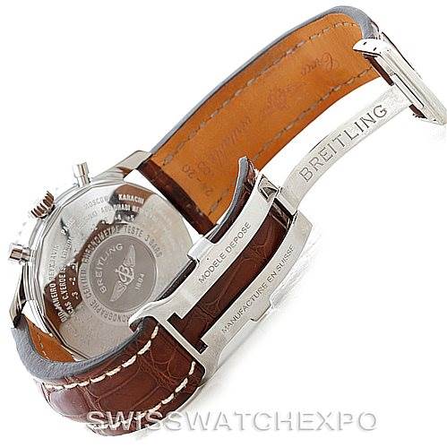 The image displays the back and open clasp of the Breitling Navitimer A24322 Men's Stainless Steel Black Dial A24322 Men's Stainless Steel Black Dial watch, highlighting the leather strap and engraved details.