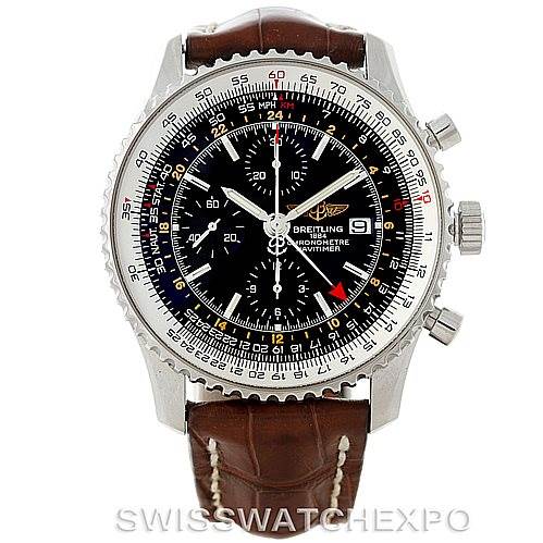 The image shows a front view of a Breitling Navitimer A24322 Men's Stainless Steel Black Dial A24322 Men's Stainless Steel Black Dial watch with a leather strap and a black dial.