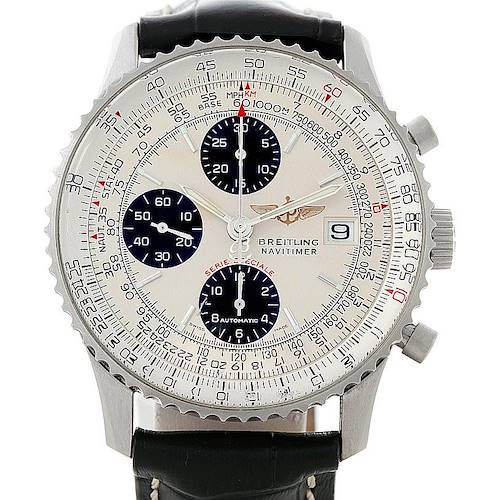 The Breitling Navitimer A13330 Men's Stainless Steel Silver Dial A13330 Men's Stainless Steel Silver Dial watch is shown from the front, highlighting the dial, bezel, sub-dials, and part of the leather strap.