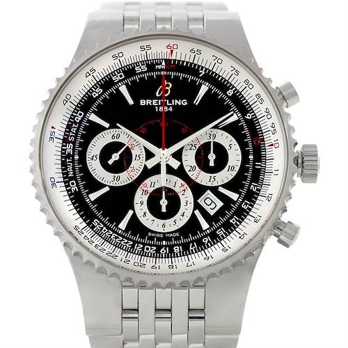The image shows a straight-on view of the face of a Breitling Navitimer A23351 Men's Stainless Steel Black Dial A23351 Men's Stainless Steel Black Dial watch, highlighting its dial, subdials, and bezel.