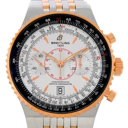 The image shows a front view of the Breitling Navitimer C23340 Men's Steel and Gold (two tone) Silver Dial C23340 Men's Steel and Gold (two tone) Silver Dial watch, highlighting its dial, bezel, and chronograph subdials.