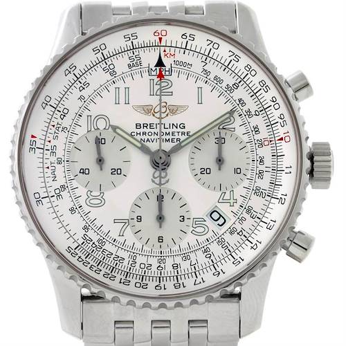 This image shows a frontal view of a Breitling Navitimer A23322 Men's Stainless Steel Silver Dial A23322 Men's Stainless Steel Silver Dial watch, highlighting the dial, subdials, bezel, and crown.