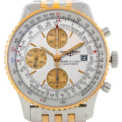 The image shows a Breitling Navitimer D13322 Men's Stainless Steel Silver Dial D13322 Men's Stainless Steel Silver Dial watch in a close-up, frontal view displaying its dial, subdials, bezel, and part of the bracelet.
