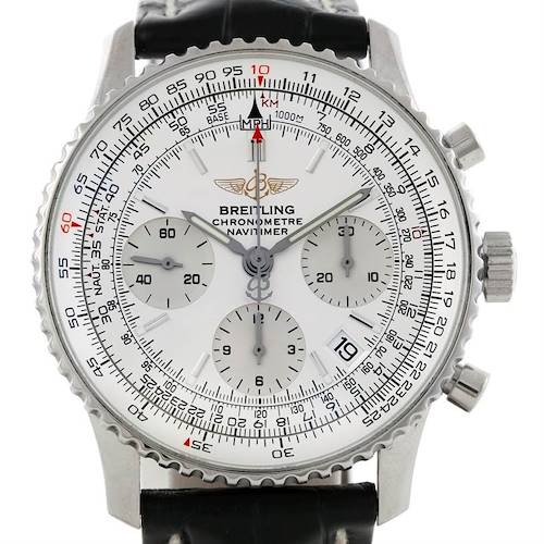 The image shows a front view of a Breitling Navitimer A23322 Men's Stainless Steel Silver Dial A23322 Men's Stainless Steel Silver Dial watch, highlighting its dial, bezel, and chronograph sub-dials.