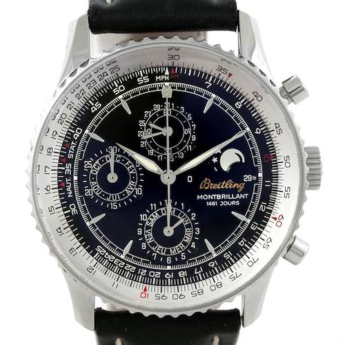 The image shows a front view of the Breitling Navitimer A19030 Men's Stainless Steel Black Dial A19030 Men's Stainless Steel Black Dial Montbrillant watch, showcasing its detailed dial and chronograph features.