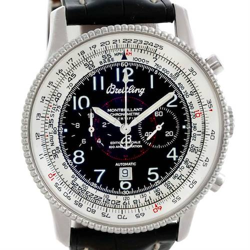 The image shows a front view of a Breitling Navitimer A35330 Men's Stainless Steel Black Dial A35330 Men's Stainless Steel Black Dial Montbrillant Chronometer watch face and its bezel details.