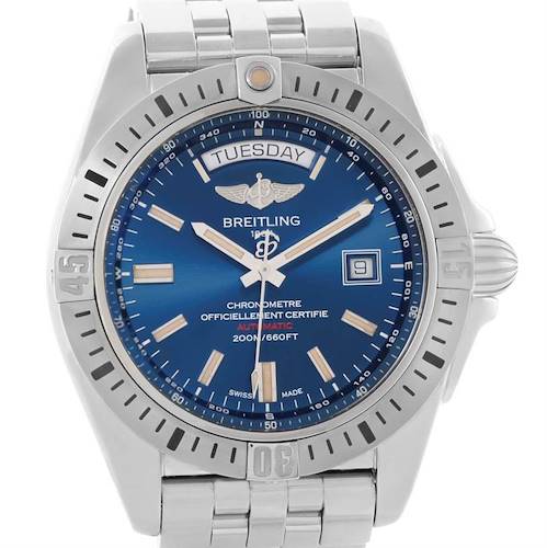 The image shows a front view of the Breitling Galactic A45320 Men's Stainless Steel Blue Dial A45320 Men's Stainless Steel Blue Dial watch, highlighting its blue dial, day and date feature, and stainless steel bracelet.