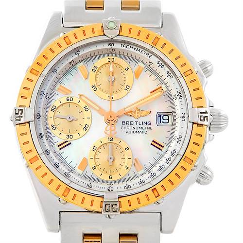 The Breitling Windrider D13352 Men's Stainless Steel Mother of Pearl Dial D13352 Men's Stainless Steel Mother of Pearl Dial watch is shown from the front, displaying the dial, bezel, subdials, and bracelet connection.