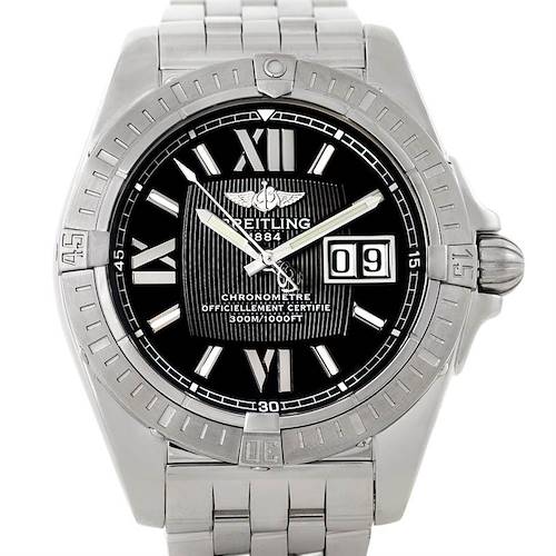 This is a front view of the Breitling Windrider A49350 Men's Stainless Steel Black Dial A49350 Men's Stainless Steel Black Dial watch showing the dial, bezel, and bracelet.