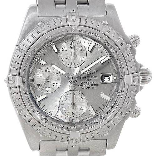 The image shows a frontal view of the Breitling Windrider A13355 Men's Stainless Steel Silver Dial A13355 Men's Stainless Steel Silver Dial model, highlighting its dials, bezel, and bracelet.
