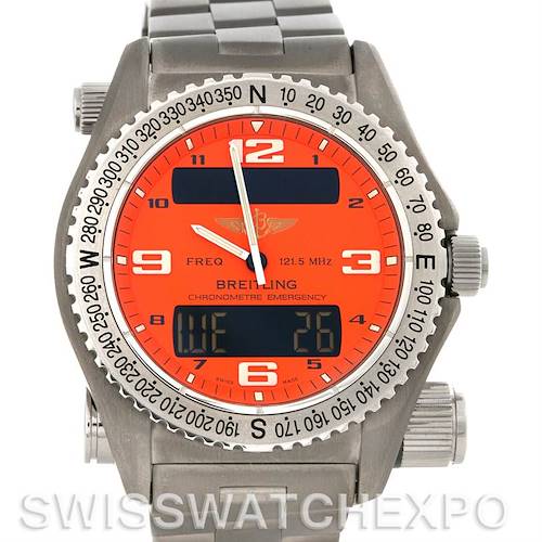 This Breitling Professional Series E7632110 Men's Titanium Orange Dial E7632110 Men's Titanium Orange Dial watch is shown from the front, highlighting the face, bezel, and bracelet.
