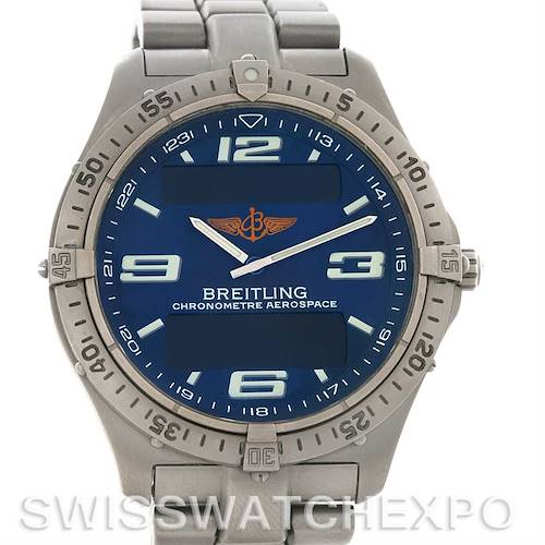 The image shows a front view of the Breitling Professional Series E75362 Men's Titanium Blue Dial E75362 Men's Titanium Blue Dial watch, highlighting the dial, hands, bezel, and bracelet.
