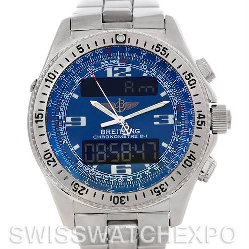 The image shows a frontal view of the Breitling Professional Series A78362 Stainless Steel Blue Dial A78362 Stainless Steel Blue Dial Chronometre B-1 watch, featuring its dial and bezel.